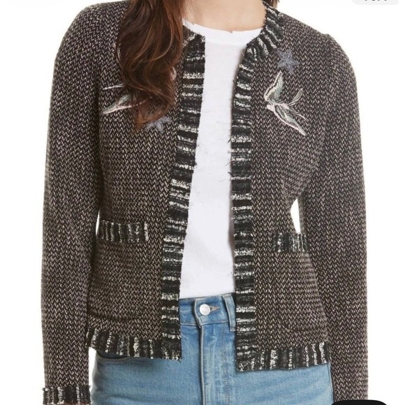 Rebecca Taylor Jackets & Blazers - Rebecca Taylor Sz 4 Bird Embroidered Tweed Frayed Raw Hem Jacket Blazer Beaded